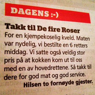  Hyggelig tilbakemelding fra fornøyde gjester i avisa @bladetnordlys idag :) #hyggelig #omtale #gjester #fornøyd #de4roser #tromsø #tusentakk :) 